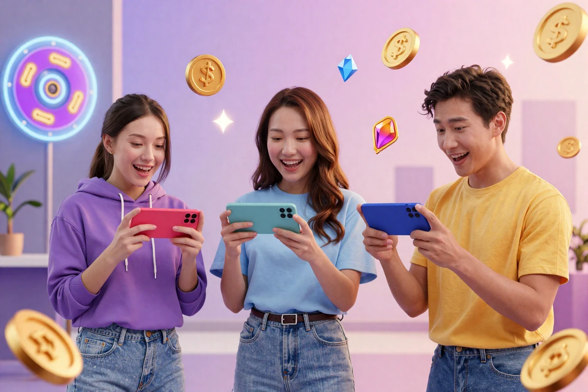 SpinJoy players enjoying casual gaming with friends, collecting virtual points and unlocking colorful themes in a social entertainment environment