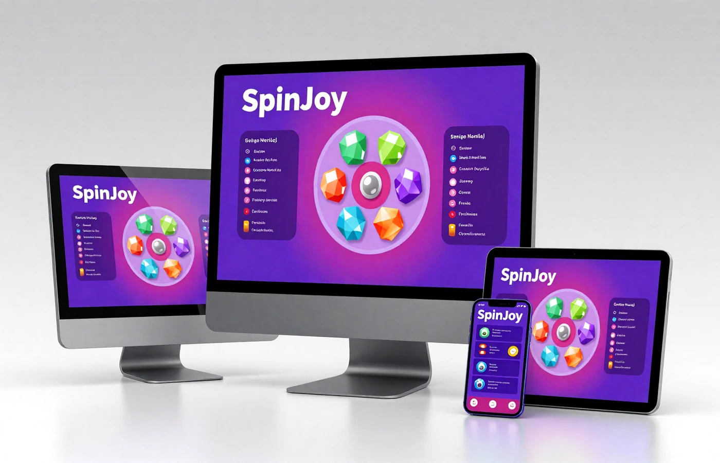 SpinJoy platform compatibility showing desktop, tablet, and mobile devices with synchronized gameplay experience